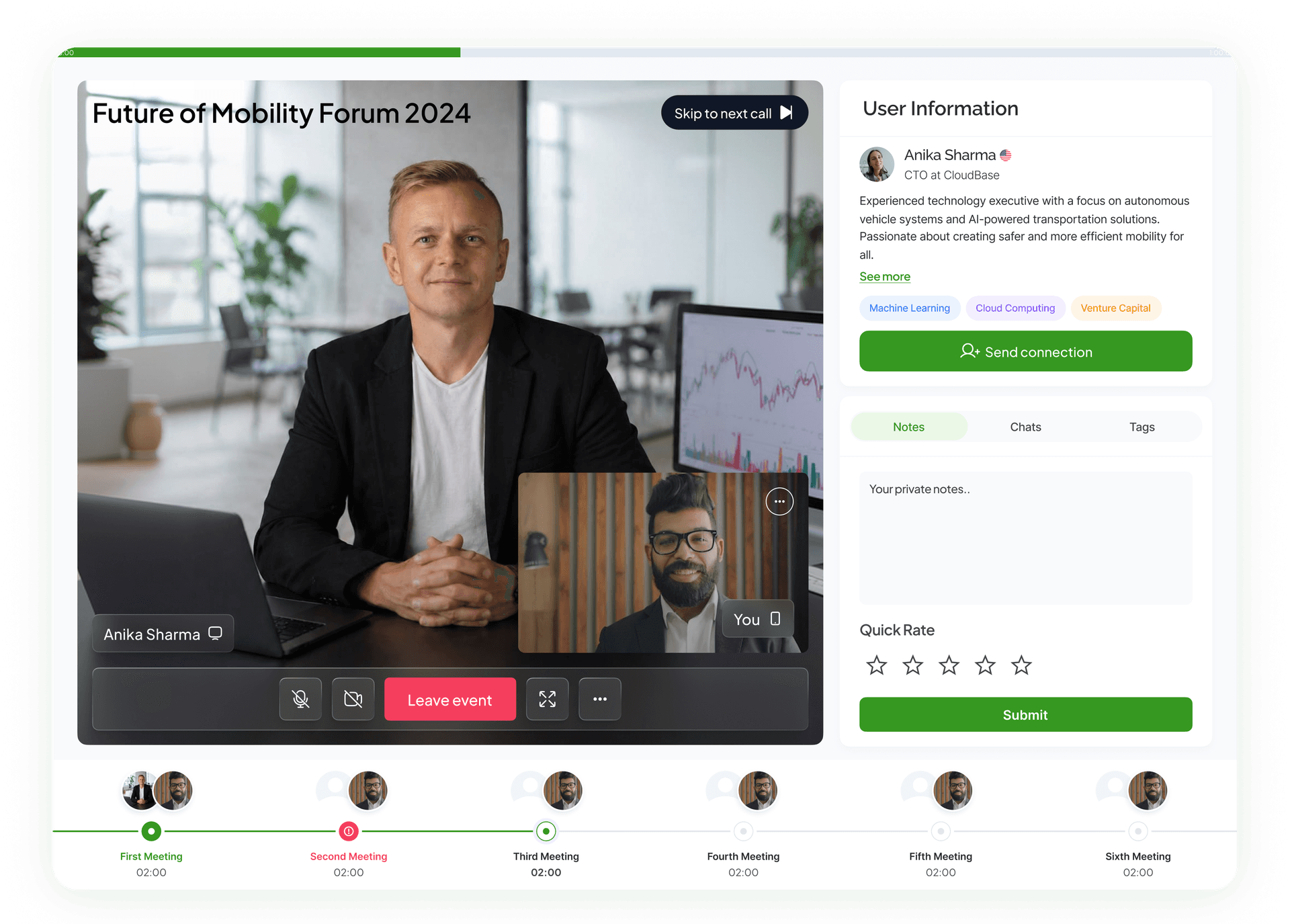 A Netwoorking AI netwos call: the matched member's video, their profile and bio, and the notes and rating panel.