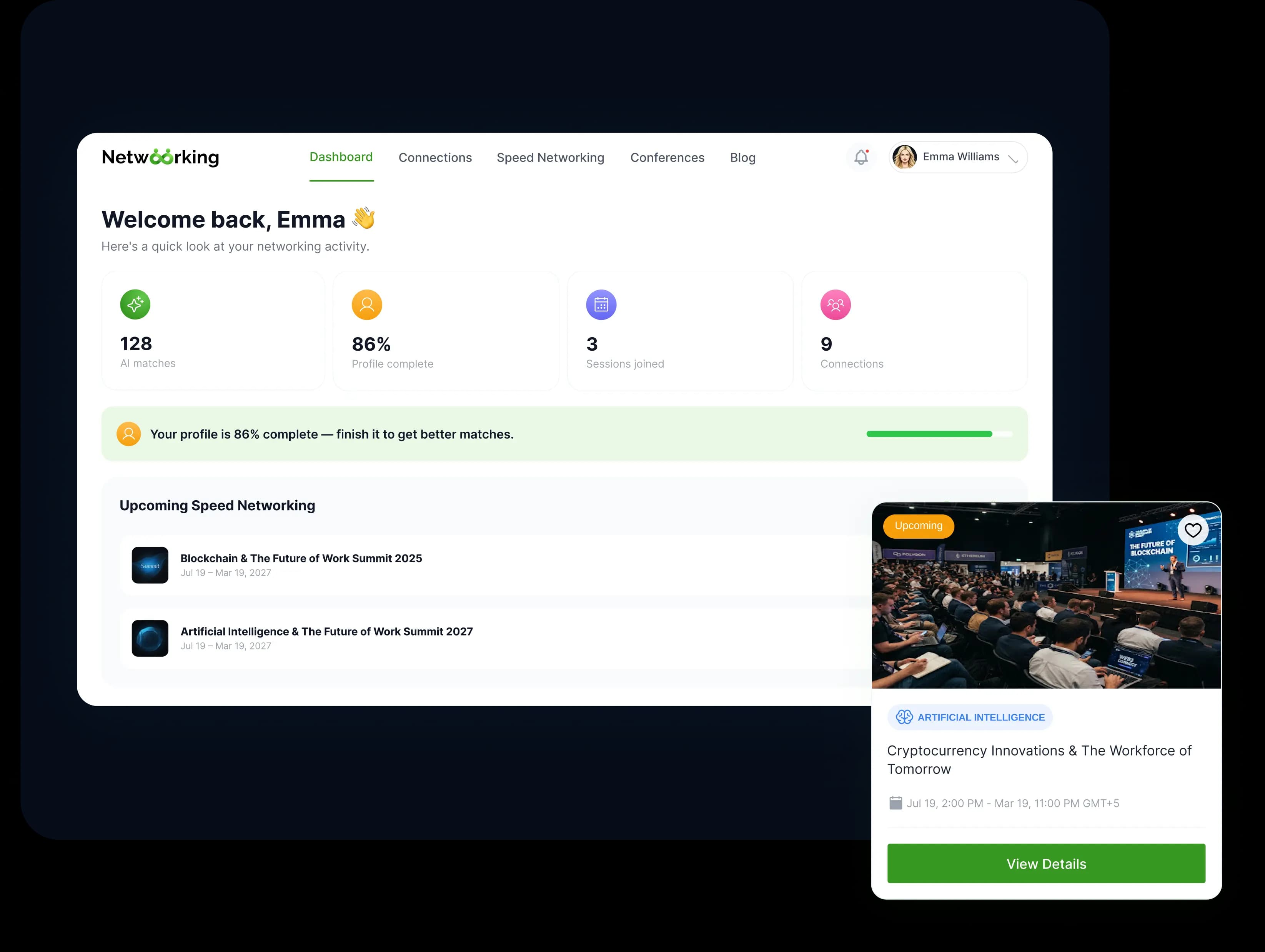 Netwoorking AI dashboard with profile completion, recent activity and upcoming netwos events