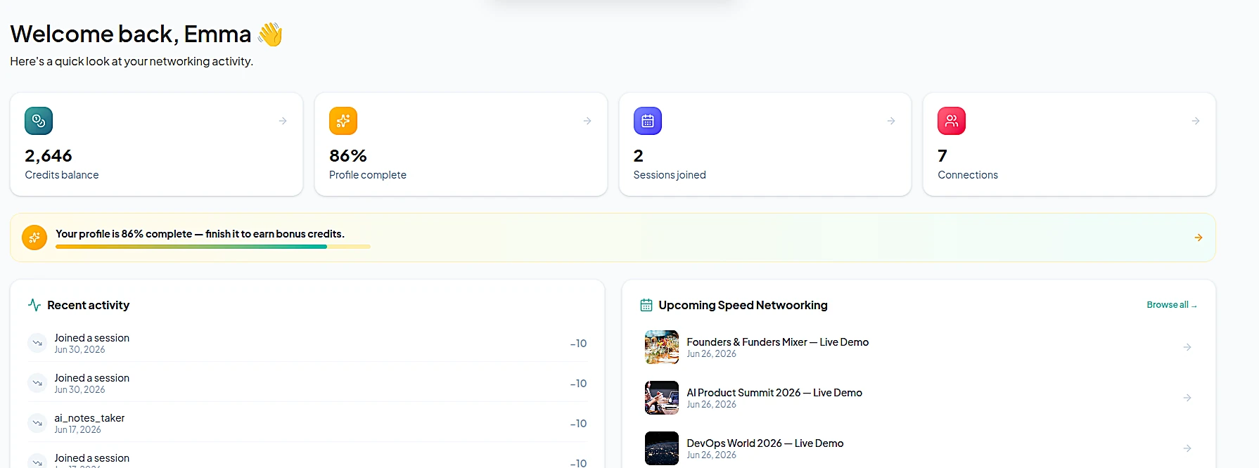 Netwoorking AI dashboard — credits, matches and activity