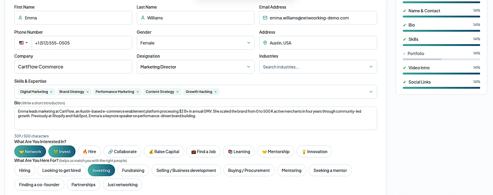 Profile with skills, interests and networking intent